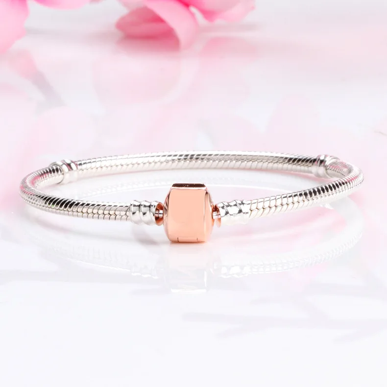 

Authentic 925 Sterling Silver Pan Bracelet New Rose Gold Classic Clasp Snake Bone Bracelet Fit Charm Women Jewelry