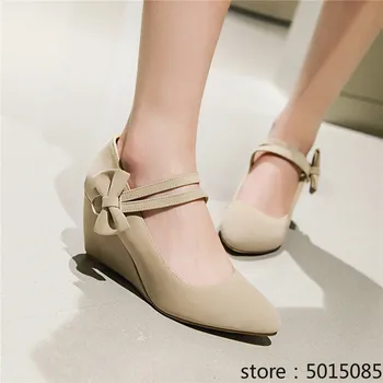 

Autumn 2019 Flock Blue Apricot Black Wedes Cute Bowtie Mary Jane Shoes Hook Loop Wede Hih Heels Pumps Women Bi Size