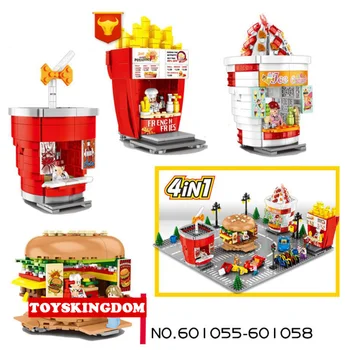 

Hot city street view building block ice cream French fries Hamburger cola drinking shop Restaurant brick figures toy collection