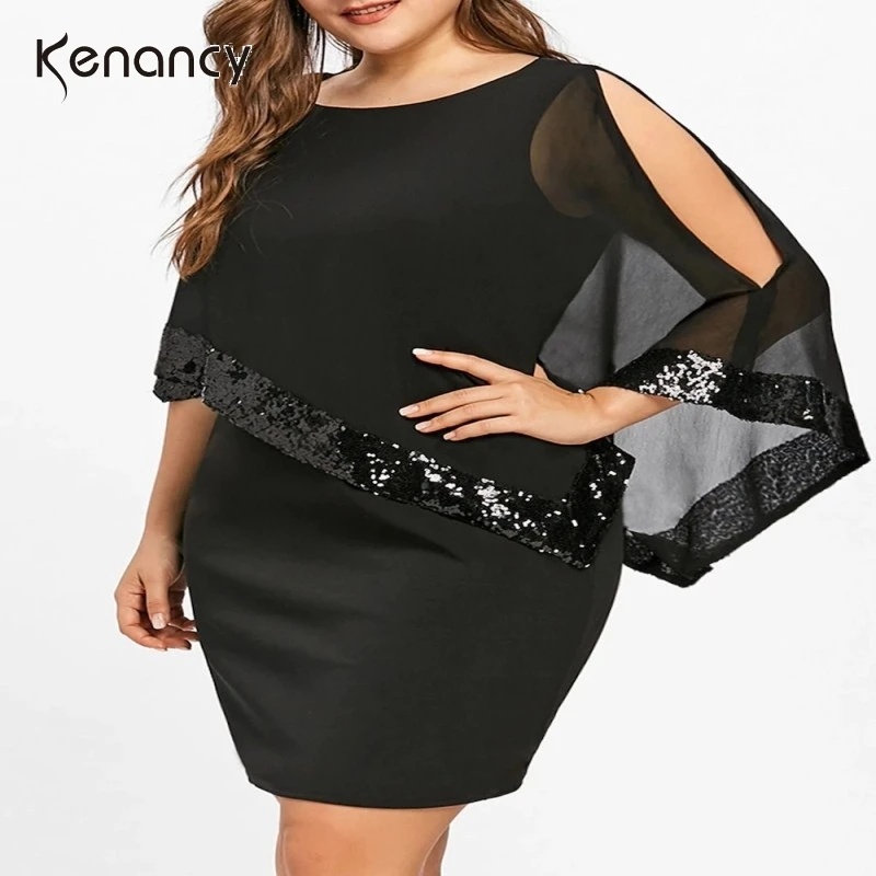 

Kenancy Plus Size Women Dress Spring O-Neck Irregular Sleeve Cold Shoulder Dresses Fashion Sequin Bodycon Mini Party Dresses
