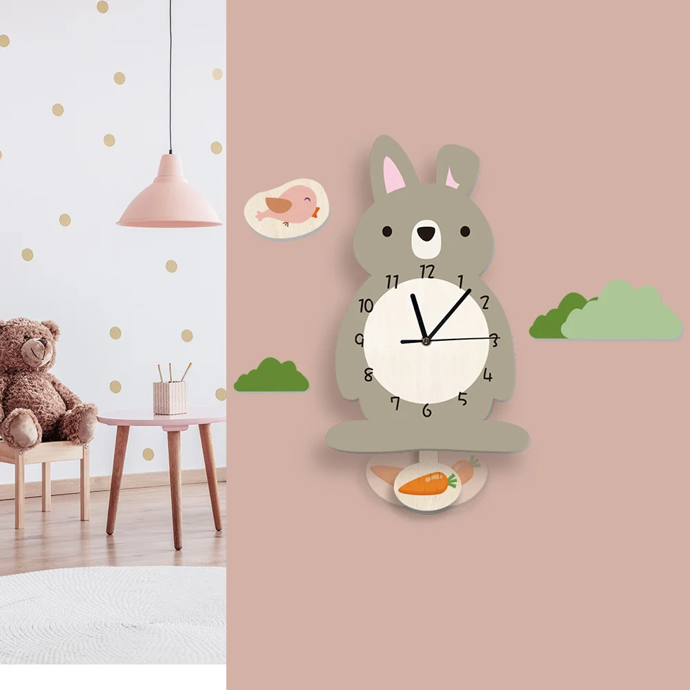 Rainbow Sun Child's Room Pendulum Clock Cute Animal Boy Girl Bedroom Decoration Wall Clock Nursery Decor Cartoon Clock Kids Gift