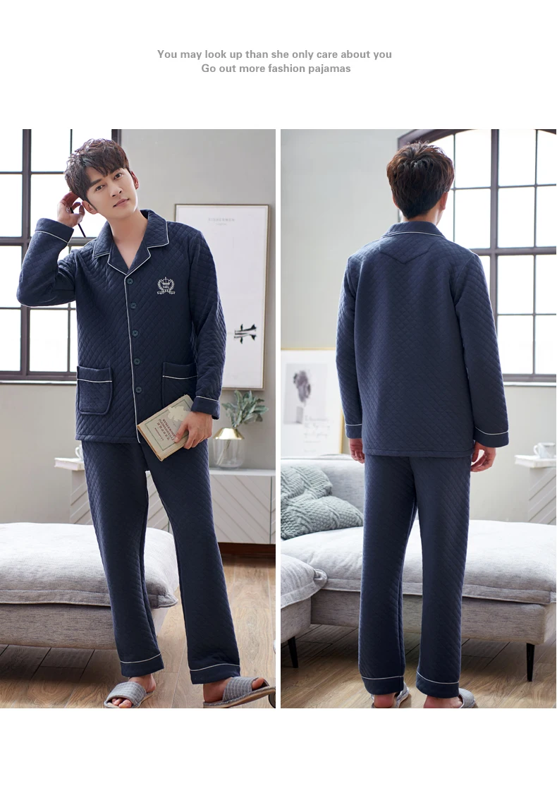 Пижамный комплект для мужчин, Прямая поставка из Китая, хлопковые зимние мужские пижамы с длинными рукавами, брюки, королевский синий узор