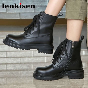 

Lenkisen genuine leather handmade high quality round toe thick bottom winter shoes keep warm beauty lady basic ankle boots Laf3