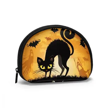 

Black Cat On Moon Halloween Illustration Cosmetic Bag Woman Portable Travel Make Up Pouch Bag Small Sanitary Napkins Bag