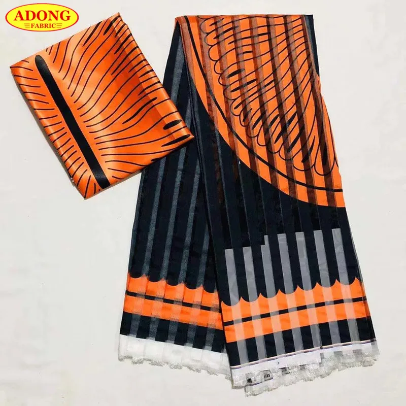 

New 2020 High Quality 4+2 Yards/Set Hot Selling Silk Fabric African Print Fabric Organza And Ribbon For Nigerian Party dresses