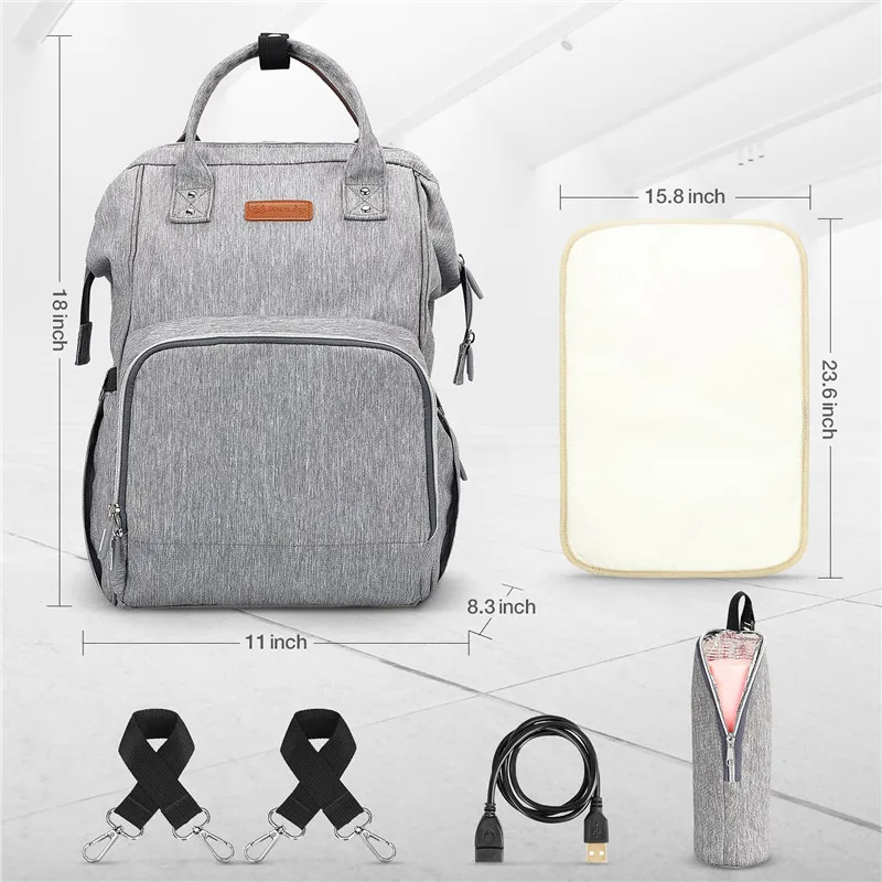 Baby Diaper Backpack with USB Charging Port Cable Insulated Bag Large Capacity Backpack Nappy Bags Waterproof Travel Backpack