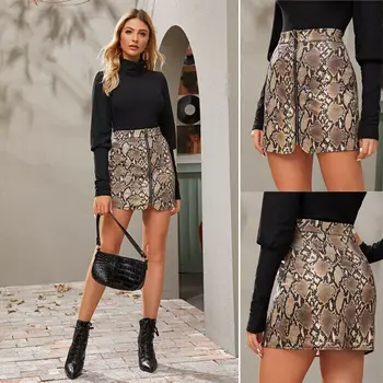 

UK Fashion Women Front Zipper Mini Snakeskin Skirt Sexy Mini Zipper Front Skirt Pencil Print Casual Skirts