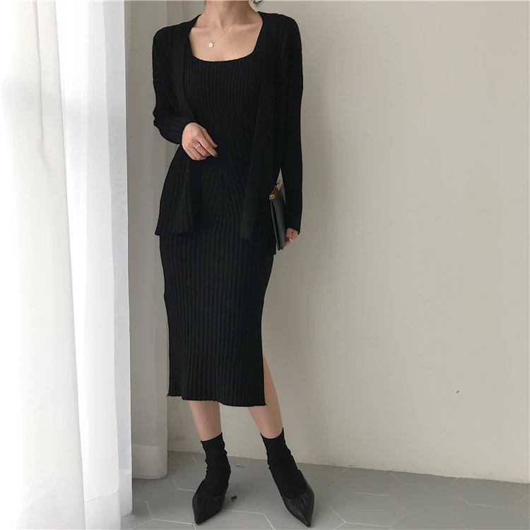 Autumn and winter new versatile slim fashion sexy knit cardigan suit strap dress women's autumn and winter foreign two-piece women