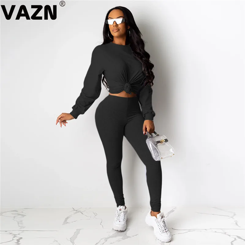 Черный VAZN DAN8191 Обычный костюм, Повседневная Свободная Мягкая Мода, длинные штаны с длинным рукавом, тонкие спортивные костюмы для женщин, комплект из 2 предметов - Цвет: Черный