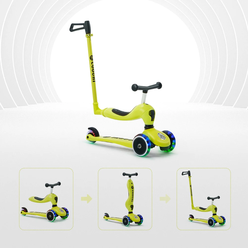 COOGHI-patinete 3 en 1 de lujo con LED, 3 etapas, con barra de empuje para padres, juguete para niños pequeños de 12 meses a 5 años