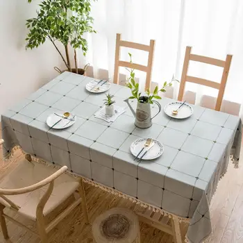 

Square Checked Embroidered Tablecloth Plain Cotton Linen Tassel Rectangular Table Mat