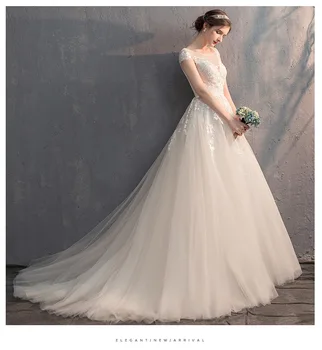 

Elegant Lace Wedding Dresses 2020 Long A line O neck Lace Up Wedding Party Bridal Gowns Vestido De Novia