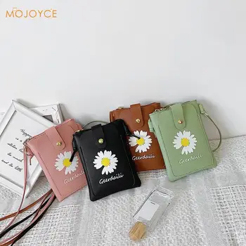 

Women PU Leather Simple Phone Pouch Daisy Crossbody Bags Flower Shoulder Handbag Popular Simple Female Daily Bag