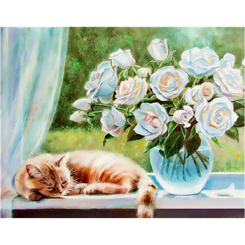 

5D Full drill Square Round diamond painting cat DIY diamond embroidery Window sill white rose Cross Stitch Rhinestone Decoration