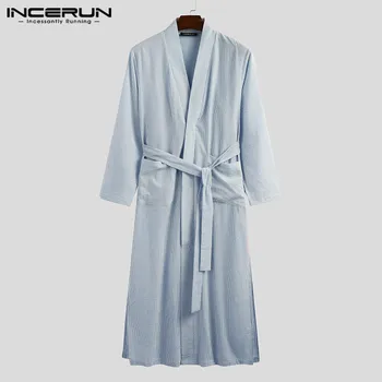 

Striped Men Robes Homewear Long Sleeve Lace Up V Neck Pockets Muslim Kaftan Robes Split Hem Mens Bathrobes Nightgown INCERUN 5XL