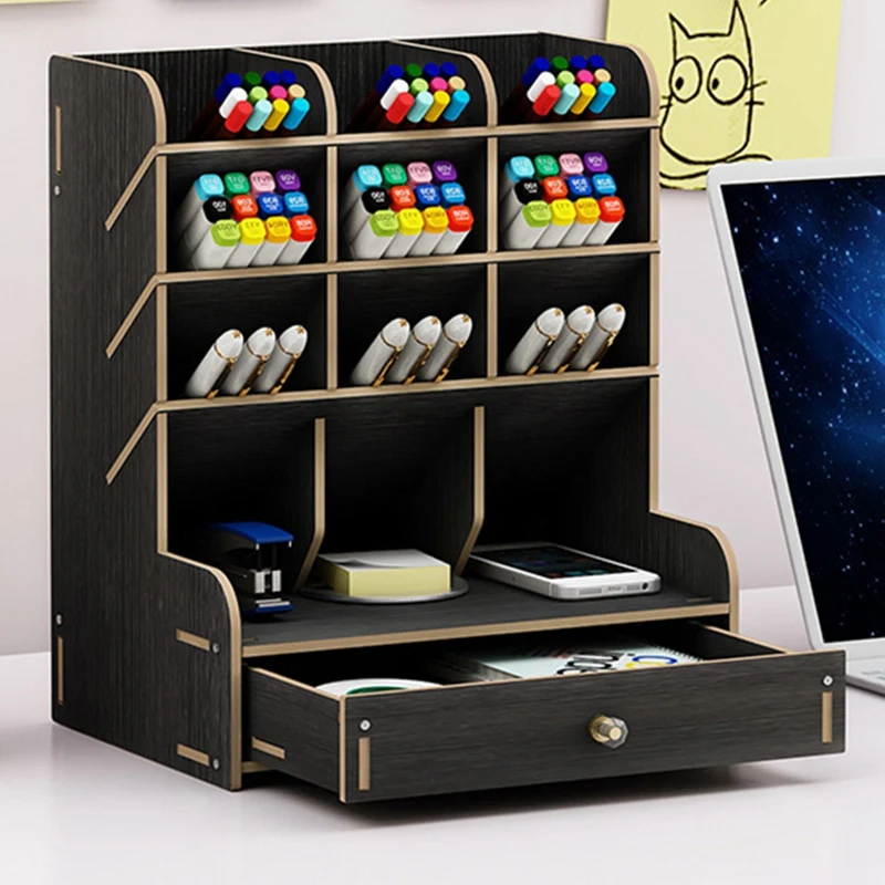 Многофункциональная деревянная 13 решетчатая настольная подставка, держатель для косметики, коробка для хранения кистей, косметический карандаш, кисточка для демонстрации ювелирных изделий - Цвет: Black