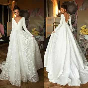 

Robe de mariee Long Sleeve Wedding Dresses 2020 Luxury Designer Lace Stain V-neck Princess Church Garden Bride Wedding Gowns