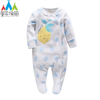 

Picturesque Childhood Newborn Baby blue dot and lemon Print Footies Cotton with Buttons Clothes Infant Casual Outfits 1