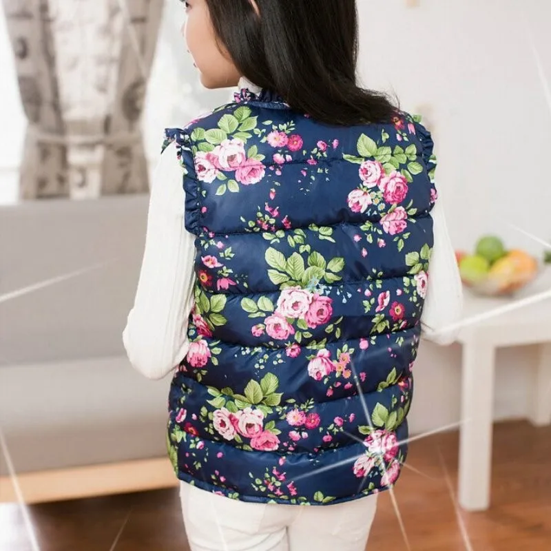 Winter Outerwear Sleeveless Coats Flower Printed Thick Vest Jackets Baby Girl Warm Waistcoat