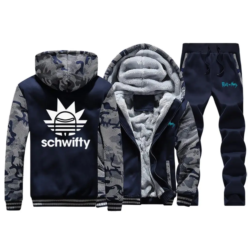 Dark Blue 5 Funny Rick And Morty Hoodies New Winter Sweatshirts+Pants 2 Piece Sets Mens Camouflage Coat Thick Hip Hop Warm Suit Tracksuit - Color: Dark Blue 5