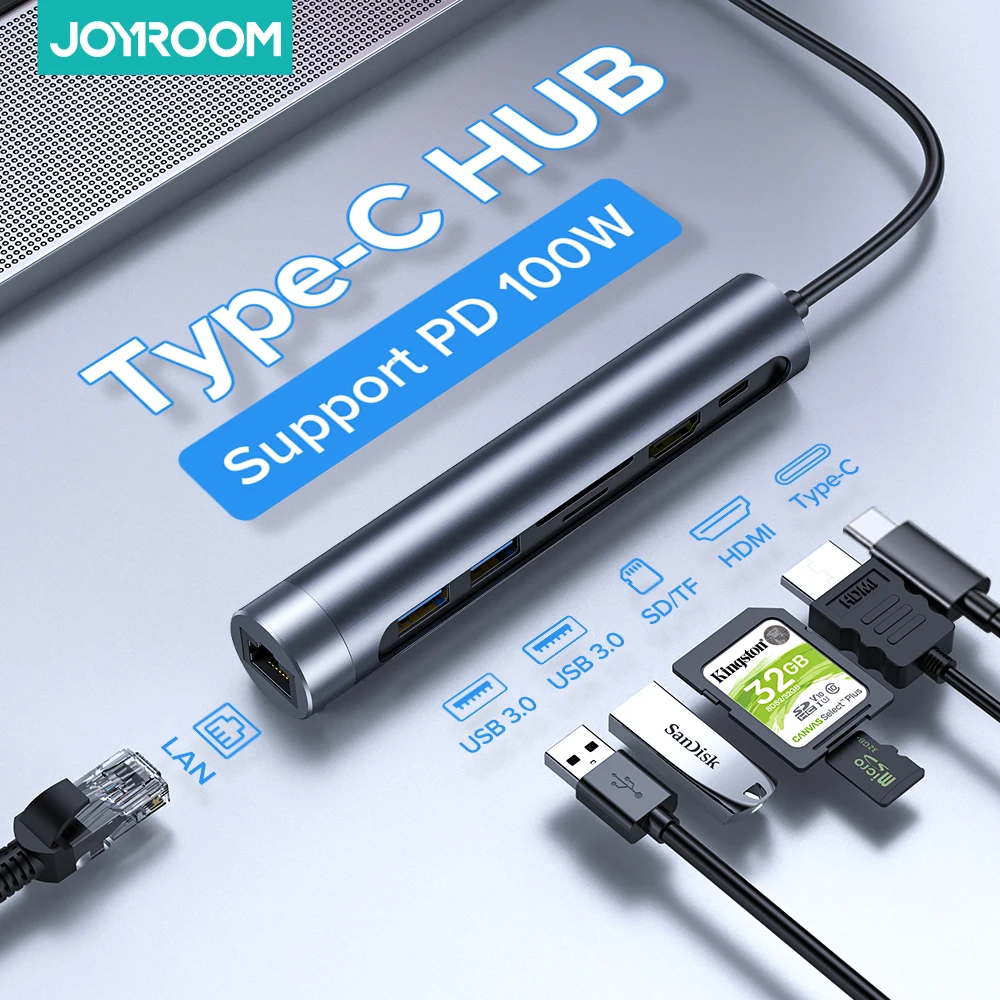 Joyroom 7 In 1 Type C Hub Docking Station For Samsung Huawei HDMI-Compatible USB 3.0 LAN Charging MacBook Notebooks | Мобильные