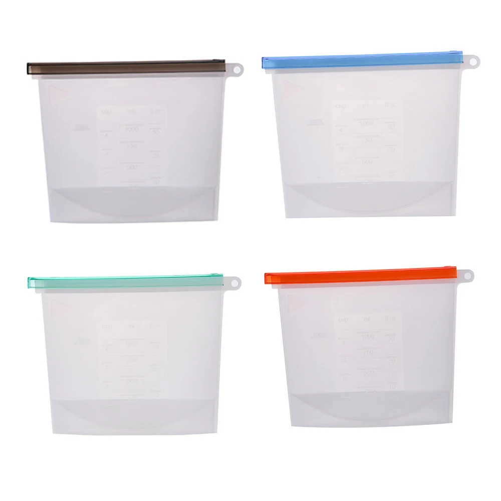 4 шт 1000 мл силиконовые сумки для хранения многоразового использования, органайзер для хранения продуктов питания, Ziplock морозильная камера для приготовления пищи, свежие пакеты, кухонные инструменты - Цвет: Многоцветный