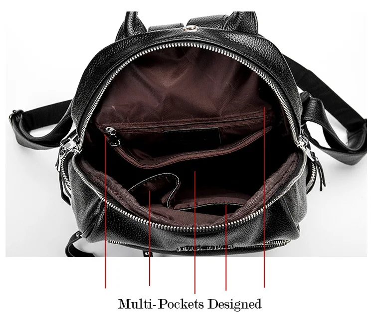 Double zipper Women Backpack Retro Black Ladies Large Soft Real Leather Backpacks Purse 15 inch Casual Girls School knapsack Bag (18)