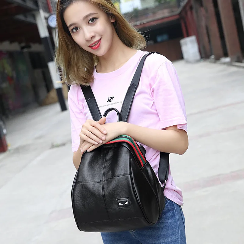 

P-F bag 2019 new Solid color Genuine Leather Backpacks Women Girls Travel Rucksack Casual Student School Shoulder Packbag