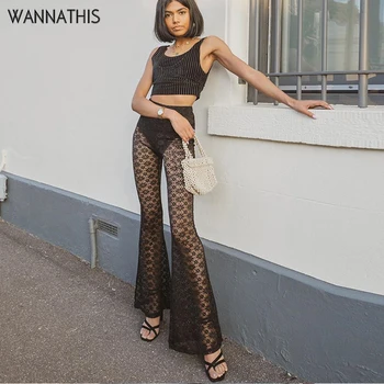 

WannaThis Lace Mesh See-through Hight Waist Flare Leggings Skinny Black Sexy Women Spring New 2020 Pant Hollow Out Long Pant