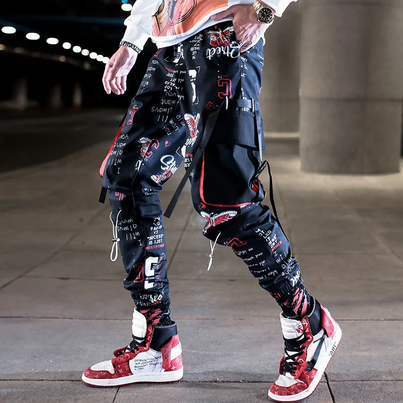 Pantalones largos de Hip Hop para hombre, ropa de calle de moda, Color de costura, cintura elástica, Cargo, novedad