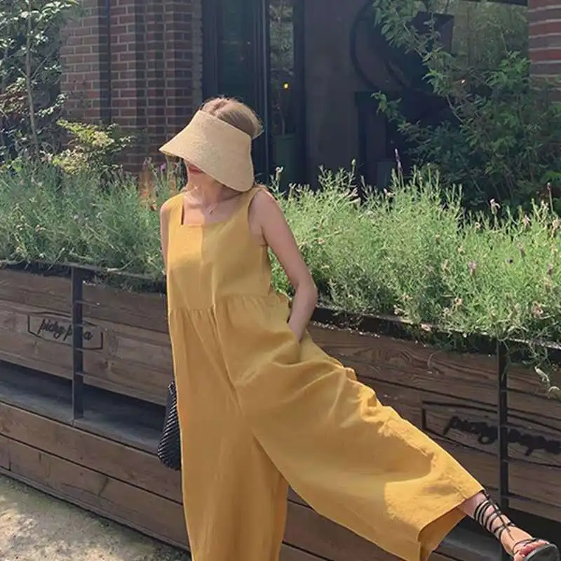 LANMREM 2020 New Summer Solid Color Square Collar Sleeveless Sling Jumpsuit Women Korea Loose Cotton Linen Clothing Tide PF424 LANMREM 2020 New Summer Solid Color Square Collar Sleeveless Sling Jumpsuit Women Korea Loose Cotton Linen Clothing Tide PF424
