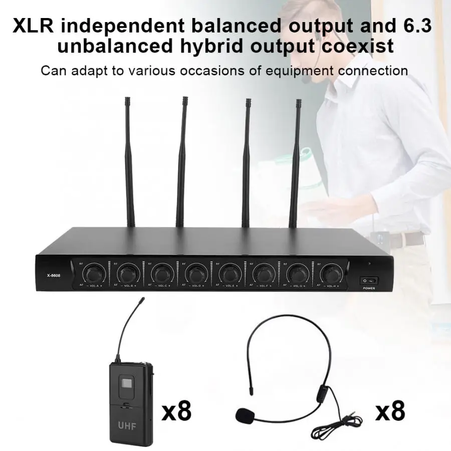 UHF/VHF 1 для 8 профессиональный беспроводной портативный микрофон с креплением на талии 100-240 В вилка стандарта США