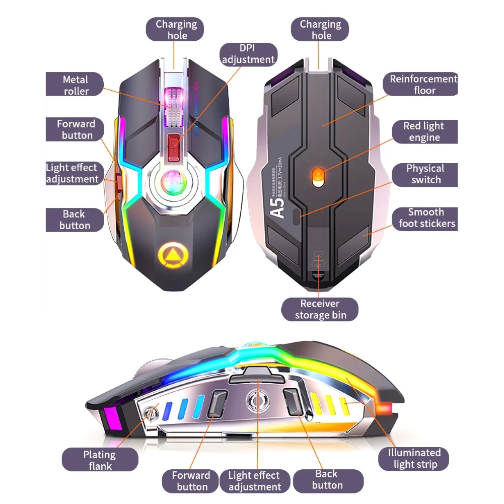 А5 эргономичная беспроводная RGB с подсветкой 7 кнопок 1600DPI игровая мышь для ПК