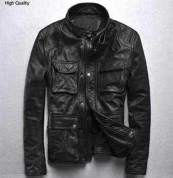 

Men Genuine Leather jacket Cowhide Locomotive Clothing Zipper Stand collar Slim fit Black Youth Winter Coat