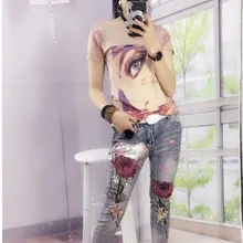 Европейская станция Мода Новые блестки бронзовые стрейч для женщин фиолетовый цветок рваные Девять длина модные тенденции леди джинсы