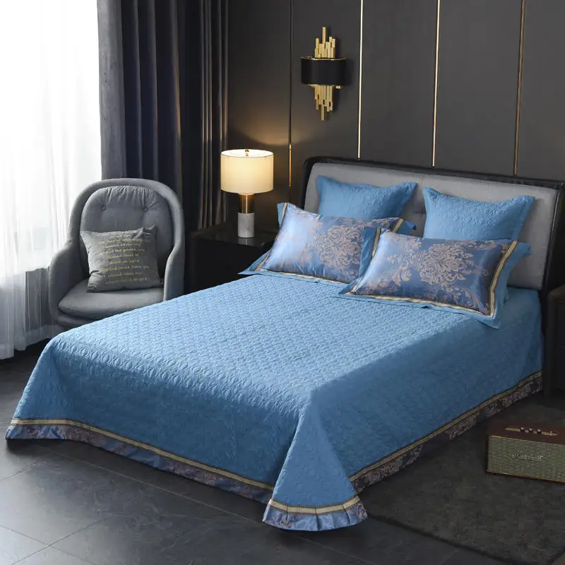 Чисто синяя кровать сатиновая скатерть жаккардовый Комплект постельного белья стеганая покрывало двухсторонний дизайн хлопок пододеяльник наволочки 4/6 шт