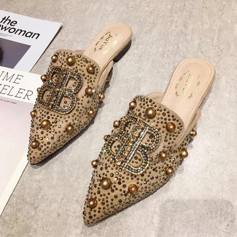 1Beige Модные шлепанцы без задника; женская обувь на плоской подошве; яркие стразы; женские летние Лоферы без шнуровки; Женская Роскошная Брендовая обувь - Цвет: 1Beige