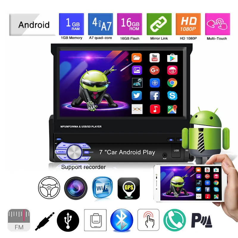  1 din for Android/IOS Device Manual Telescopic Screen Car Radio Mirror Link GPS Navigation MP5 Play