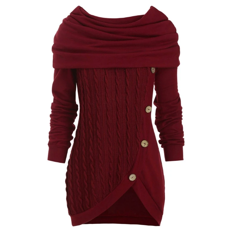 Women Long Sleeve Hooded Cowl Neck Sweater Button Asymmetric Hem Pullover Tunic Top Solid Color Cable Knit Jumper Shirt | Женская одежда