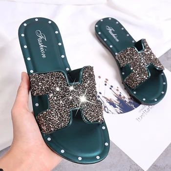 

Women Fashion slippers Crystal walking flat shoes Flat Comfort outdoor Shoes flip flop woman summer house female shoes