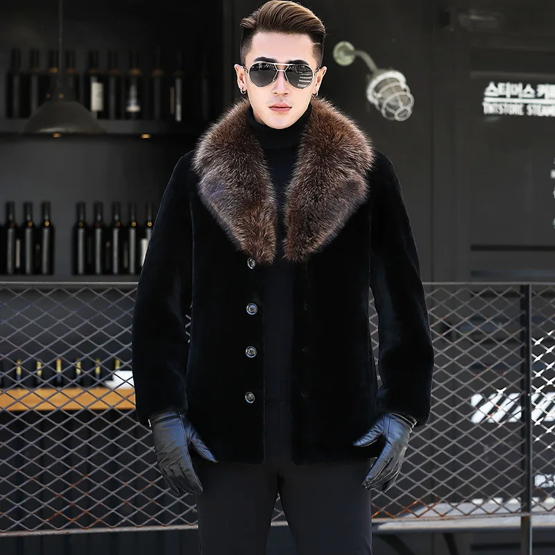 

Boollili Men's Real Fur Coat Winter Jacket Sheep Shearing Wool Coat Raccoon Fur Collar Luxury Mens Coats and Jackets 2020