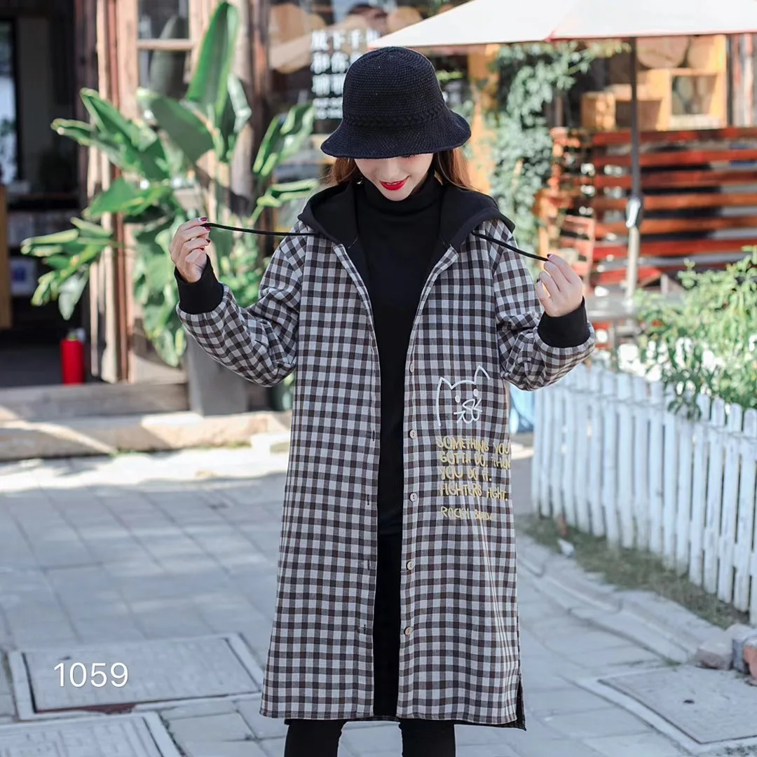 

Literature And Art Lettered Embroidered Hooded Drawstring Button down Mid-length Versatile Plaid plus Cotton Coat Plaid Cardigan