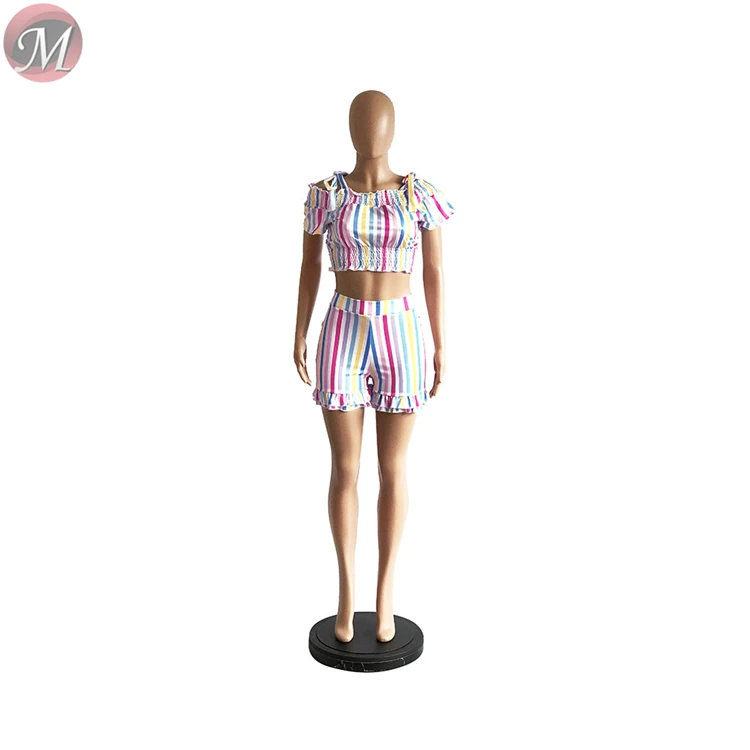 9060630 queenmoen summer women clothing wholesale rainbow strip ruched two piece shorts suit