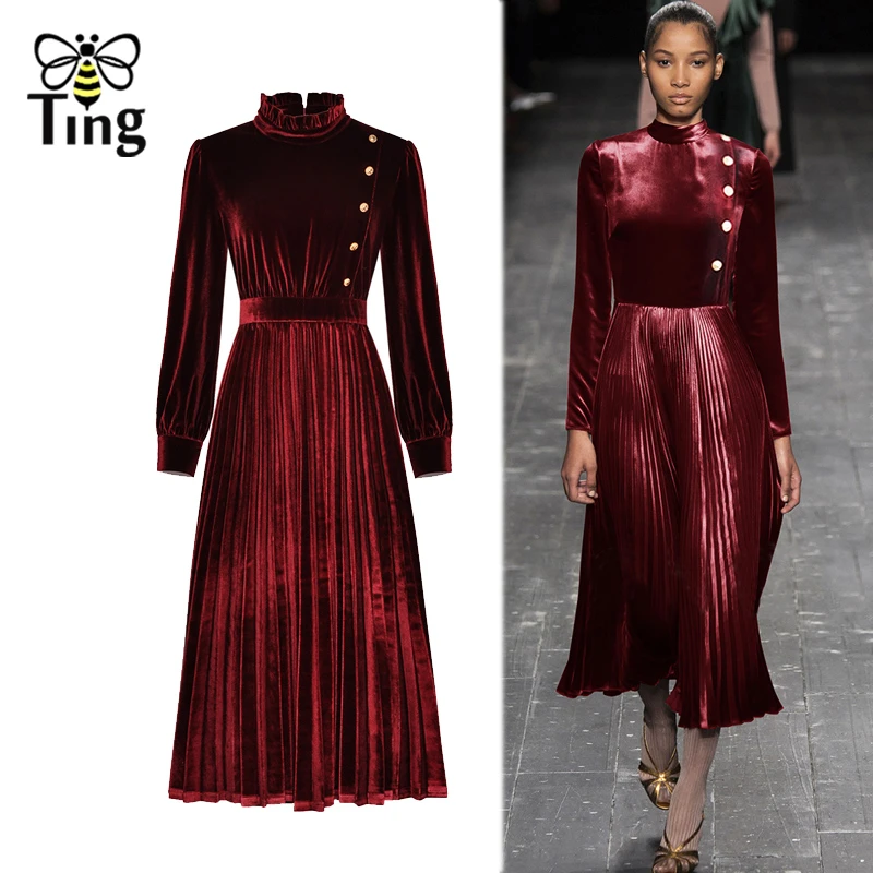 Red velvet pleated dress Clearance