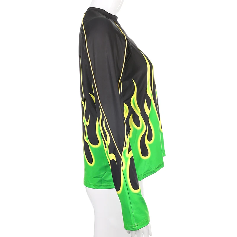 Darlingaga Streetwear Flame Fire Print Two Piece Women Tracksuit Festival Loose Pullover Top Biker Shorts Outfits Matching Sets