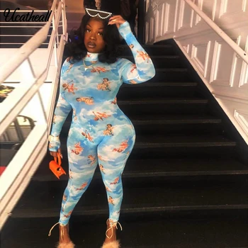 

Tide Print Patchwork Mesh Slim Women's Jumpsuits Skew Collar Long Sleeve Jumpsuit See Through Female Tracksuit Outfit Overalls