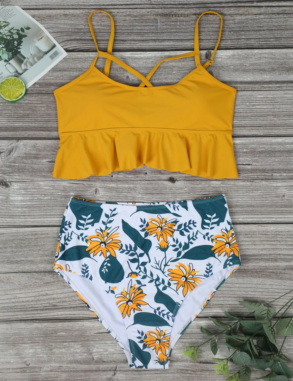 high waisted bikini with flounce top