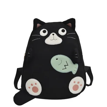 

Creative Cat Canvas Backpack Female Embroidery Cat Fish Girls Schoolbag bag