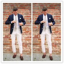 Модные мужские костюмы из двух предметов, смокинг для свадьбы, пиджак в деловом стиле заостренный лацкан, вечерние костюмы(Синяя Куртка+ белые штаны