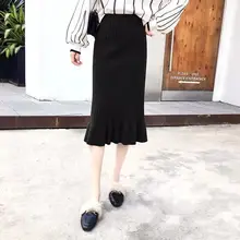 Трикотажные юбки половина тела шерстяная блузка однотонное из плотной ткани в складку зима-осень посылка бедра, высокая талия длинные юбки Повседневное модные B50